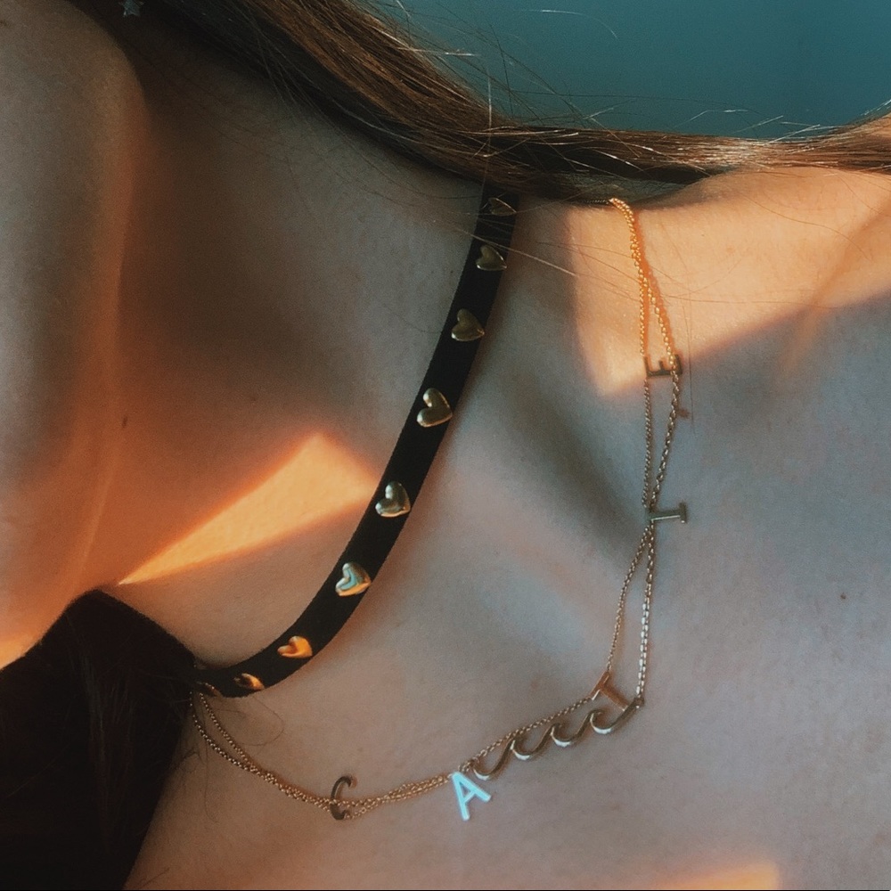 Black velvet gold hearts choker